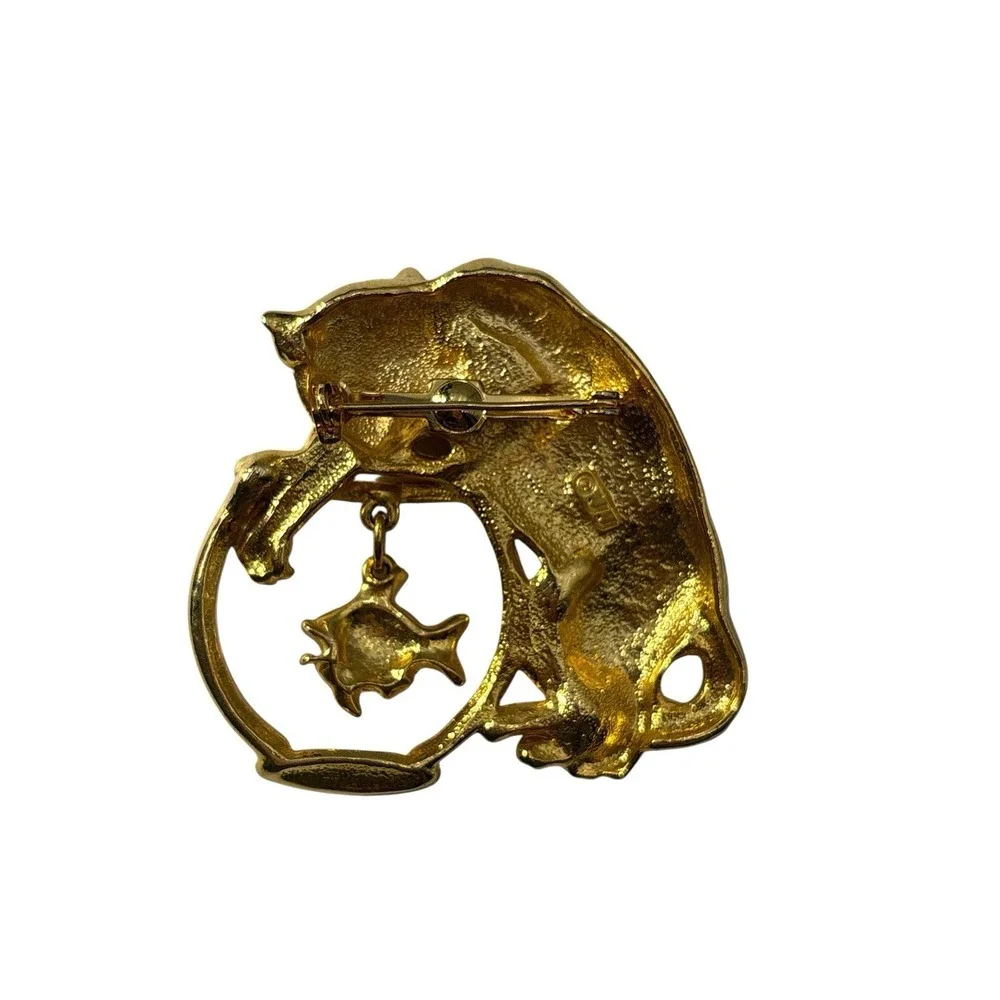 Vintage Signed JJ Jonette Gold Tone Cat Kitty Kitten Fish Bowl Brooch‎ Pin
